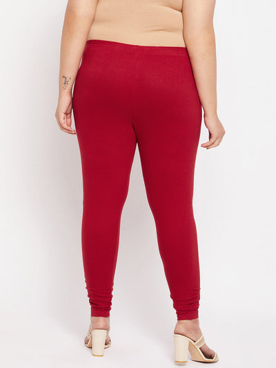 Maroon solid ankle length leggings with elasticated waistband