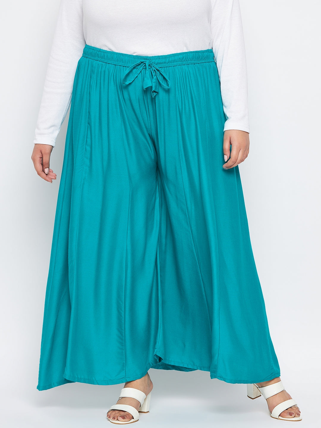 Rama Green Solid Rayon Flared Sharara with Elasticated Waistband.