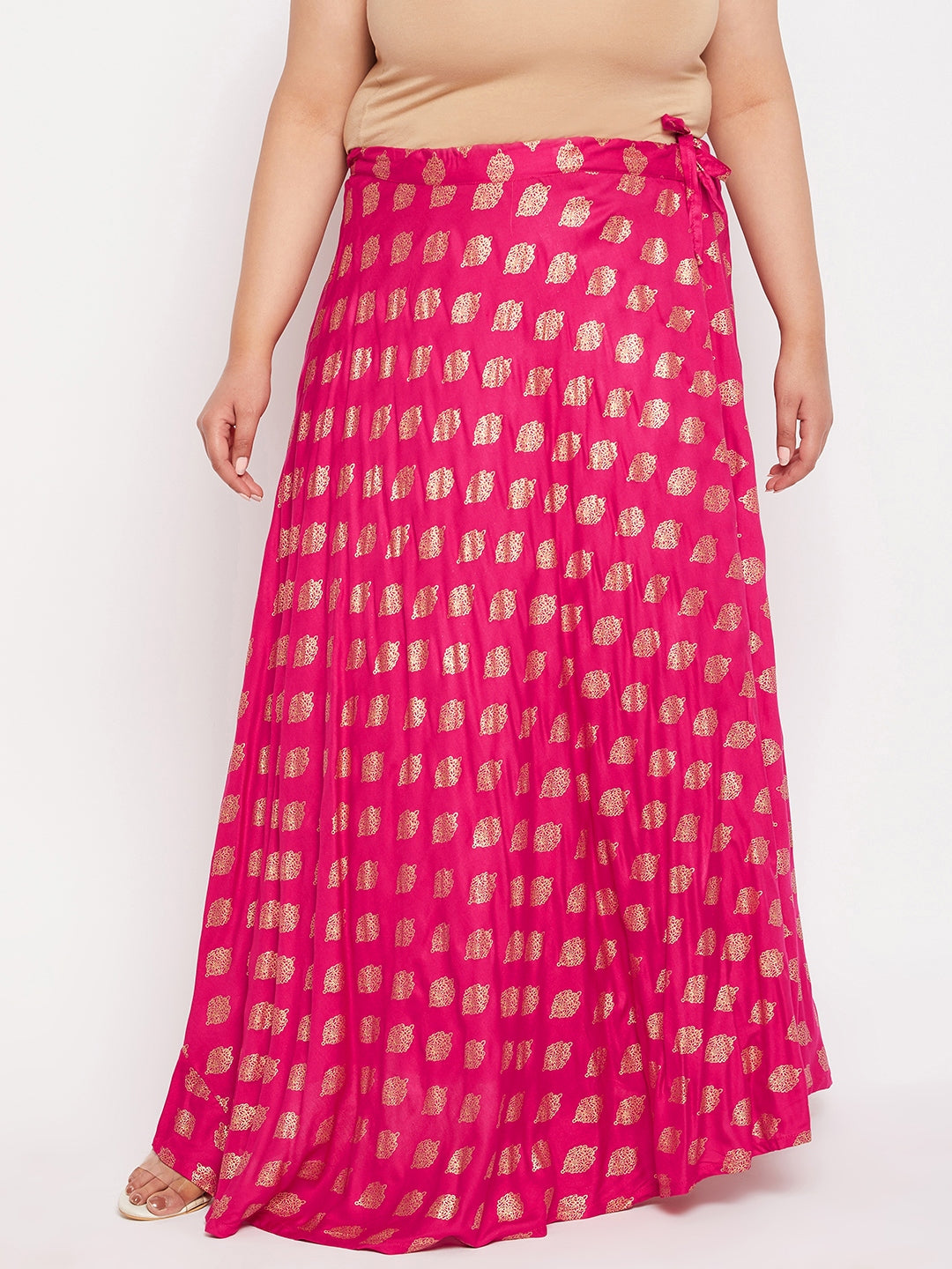 Magenta Printed Flared Rayon Skirt