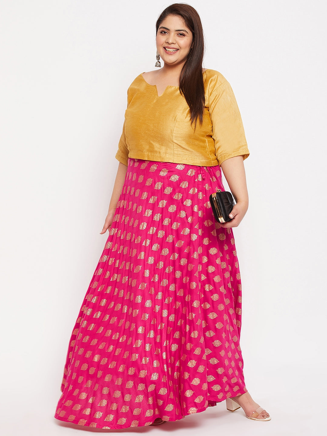 Magenta Printed Flared Rayon Skirt