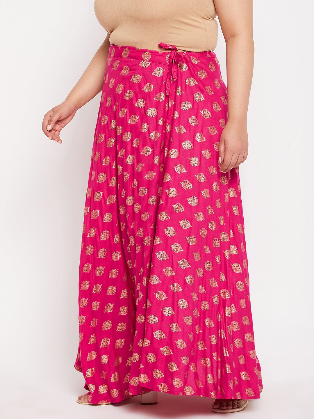 Magenta Printed Flared Rayon Skirt