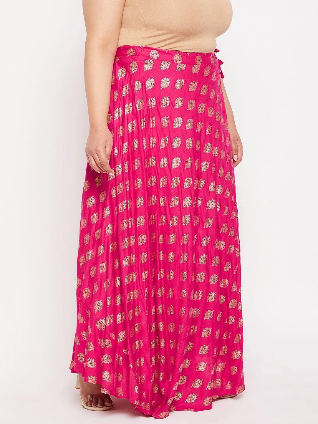 Magenta Printed Flared Rayon Skirt