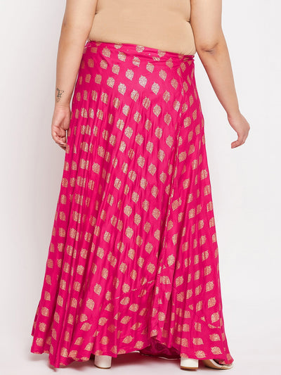 Magenta Printed Flared Rayon Skirt