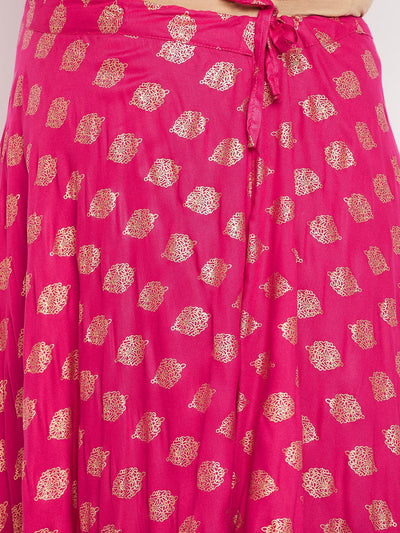 Magenta Printed Flared Rayon Skirt