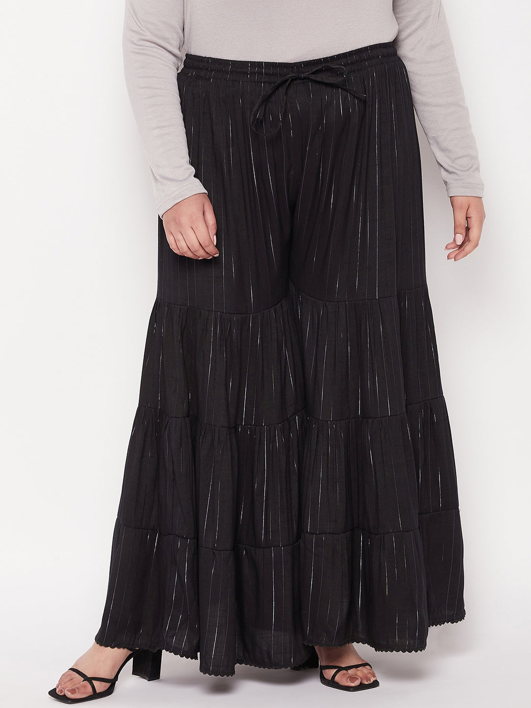 Black Striped Rayon Flared Gharara