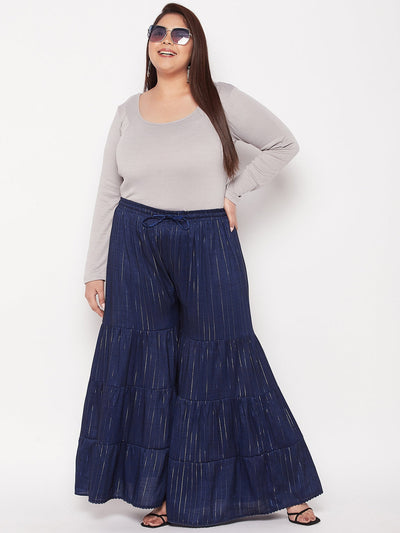 Navy Blue Striped Rayon Flared Gharara with elasticated waistband.