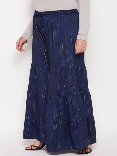 Navy Blue Striped Rayon Flared Gharara with elastic waistband and drawstring.