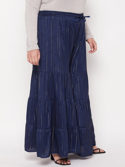 Navy blue striped rayon flared gharara with elasticated waistband and drawstring.