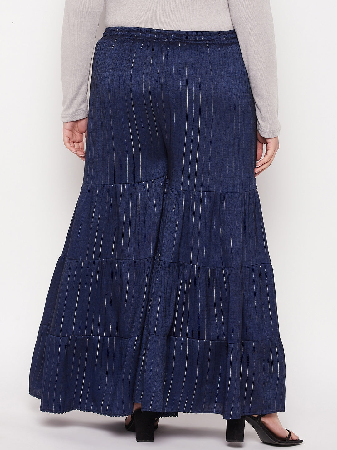 Navy Blue Striped Rayon Flared Gharara with Elasticated Waistband