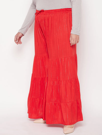 Red Striped Rayon Flared Gharara with elasticated waistband and drawstring.