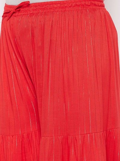 Red striped rayon flared gharara with elastic waistband and drawstring.