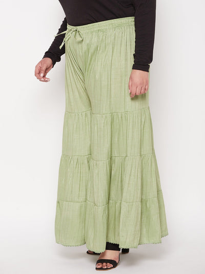 Pista Green Striped Rayon Flared Gharara with elasticated waistband.