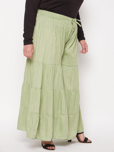 Pista Green Striped Rayon Flared Gharara with Elasticated Waistband and Drawstring