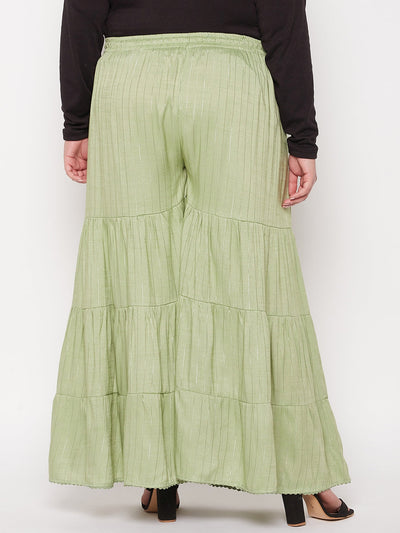 Pista Green Striped Rayon Flared Gharara with Elasticated Waistband