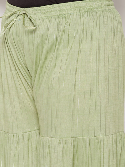 Pista green striped rayon flared gharara with elastic waistband and drawstring.