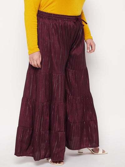 Wine striped rayon flared gharara with elastic waistband and drawstring.