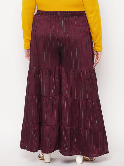 Wine Striped Rayon Flared Gharara with elastic waistband and drawstring.