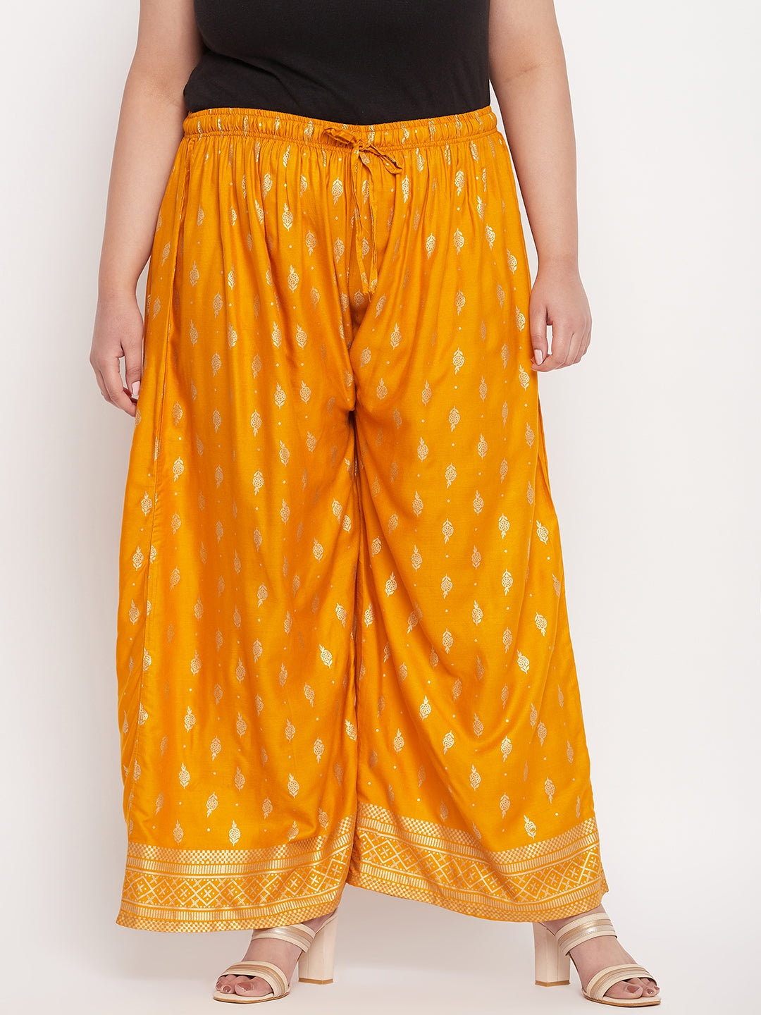 Mustard Printed Wide Leg Rayon Palazzo