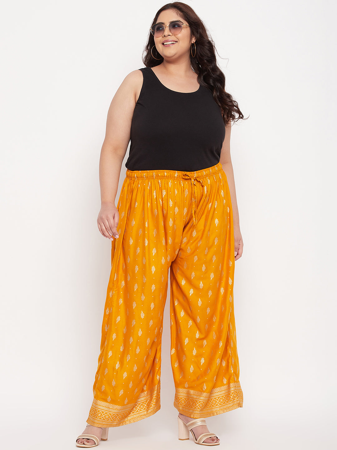 Mustard Printed Wide Leg Rayon Palazzo