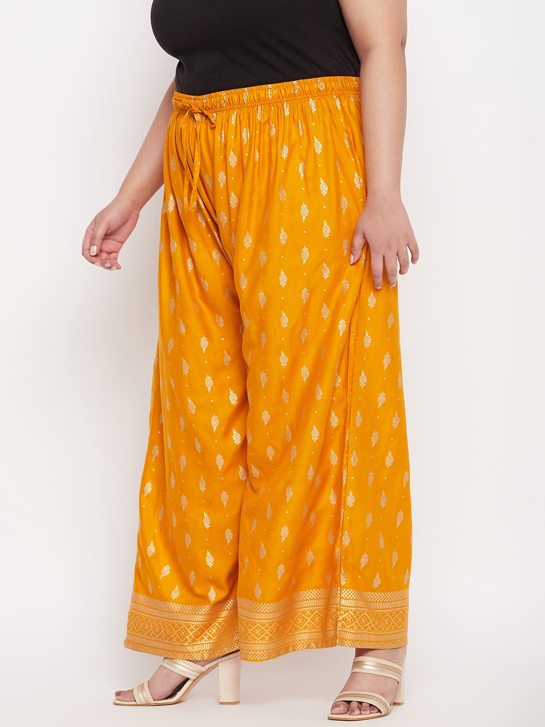 Mustard Printed Wide Leg Rayon Palazzo