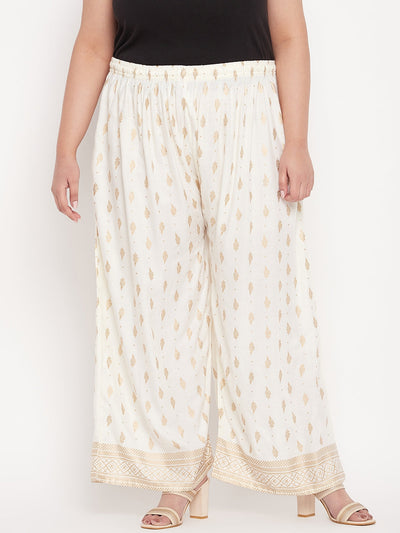 Cream Printed Wide Leg Rayon Palazzo