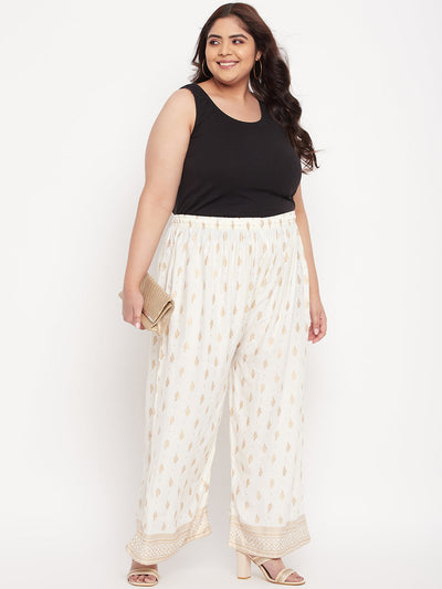 Cream Printed Wide Leg Rayon Palazzo