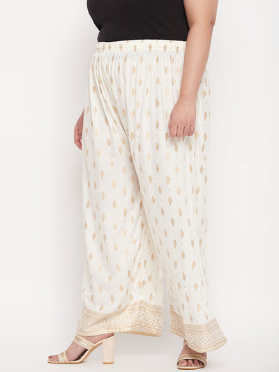 Cream Printed Wide Leg Rayon Palazzo