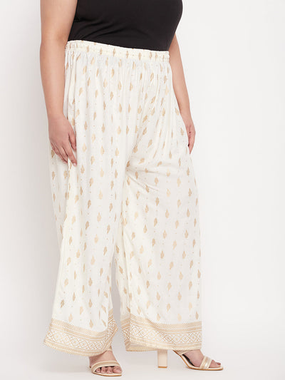 Cream Printed Wide Leg Rayon Palazzo