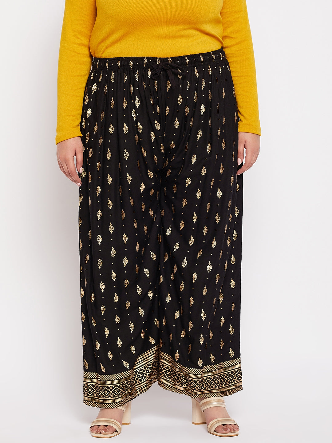 Black Printed Wide Leg Rayon Palazzo