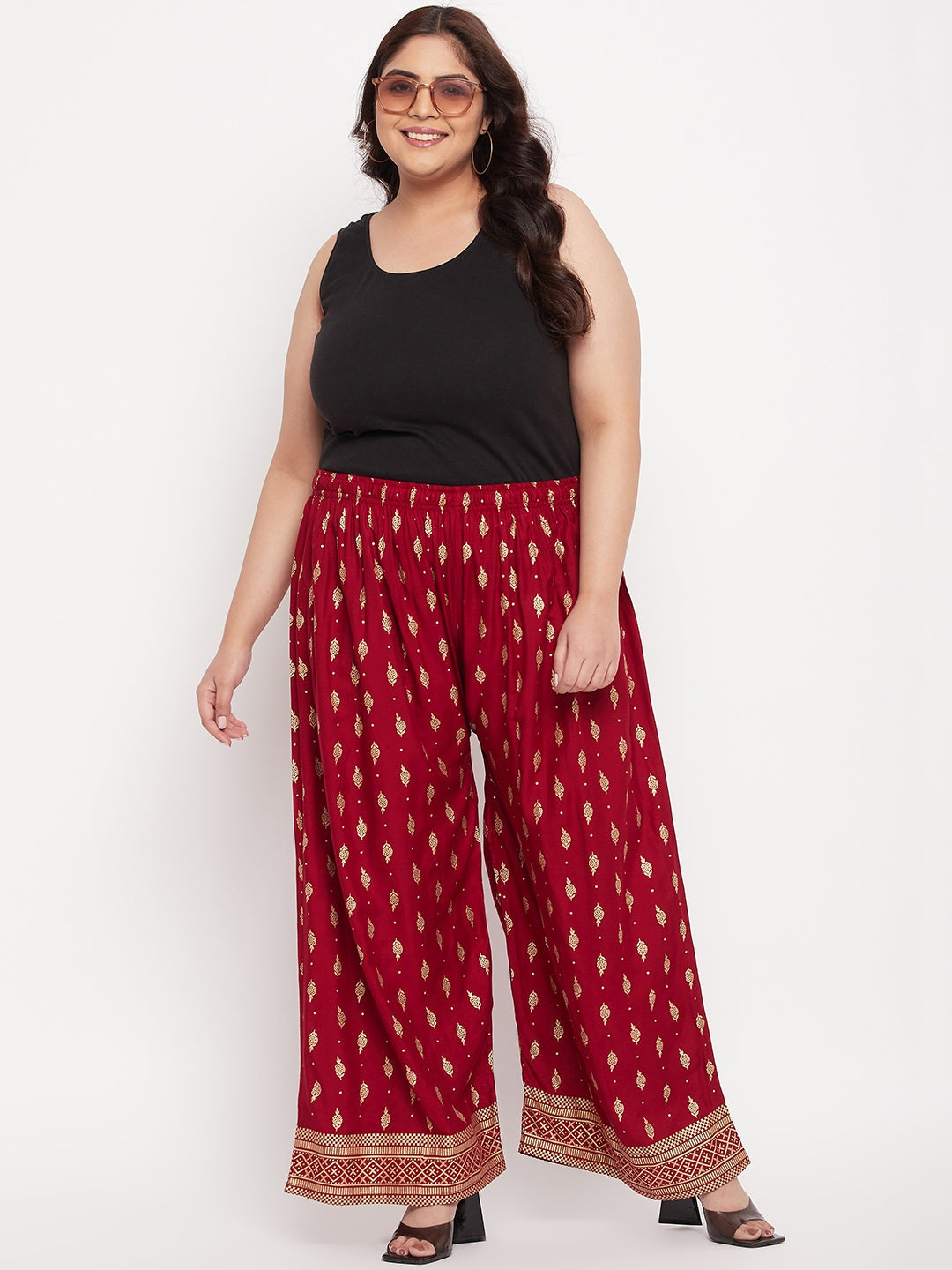 Maroon Printed Wide Leg Rayon Palazzo