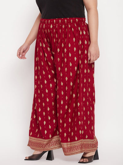 Maroon printed wide leg rayon palazzo with elasticated waistband.