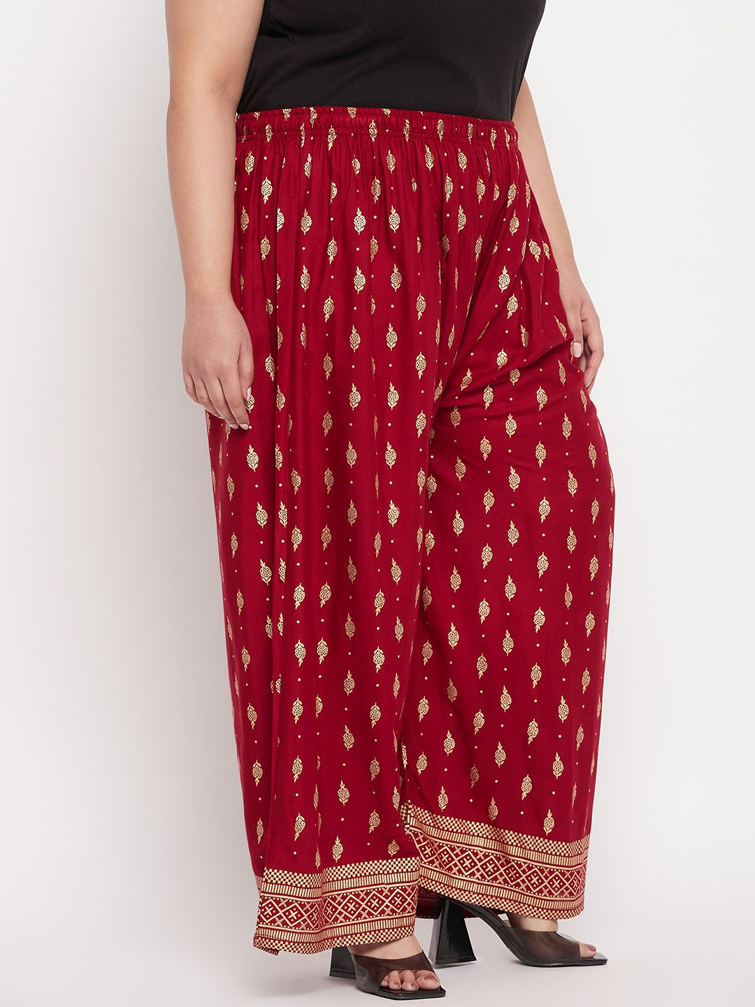 Maroon Printed Wide Leg Rayon Palazzo