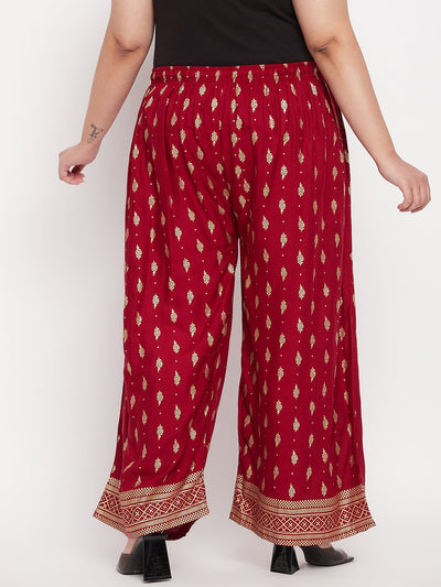 Maroon Printed Wide Leg Rayon Palazzo