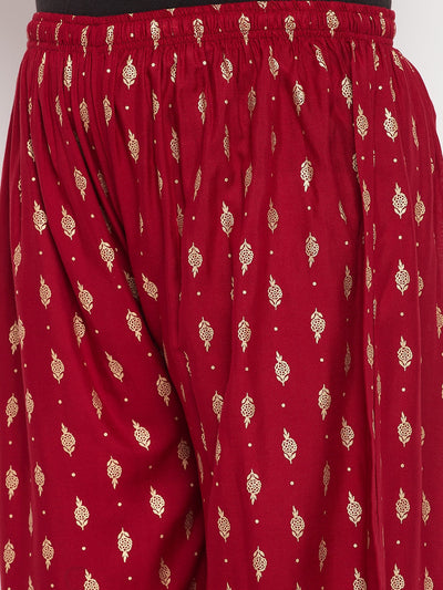 Maroon Printed Wide Leg Rayon Palazzo