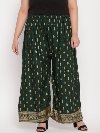 Bottle Green Printed Wide Leg Rayon Palazzo