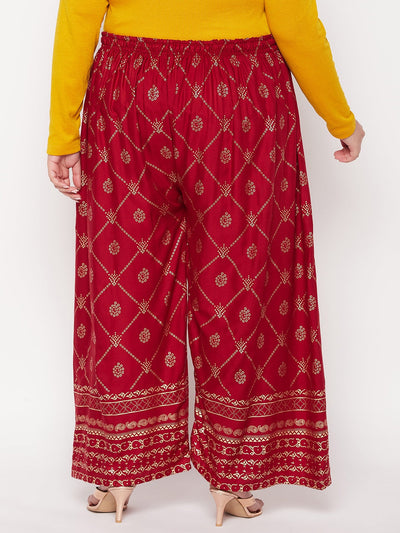 Maroon Printed Rayon Palazzo with Elasticated Waistband and Drawstring