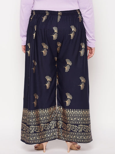 Navy Blue Printed Wide Leg Rayon Palazzo with elastic waistband and drawstring.