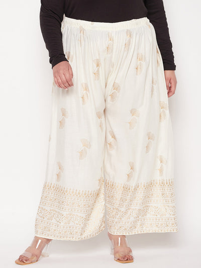 Cream Printed Wide Leg Rayon Palazzo