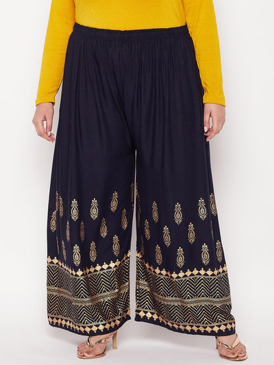 Navy blue gold printed rayon palazzo with elasticated waistband and drawstring.