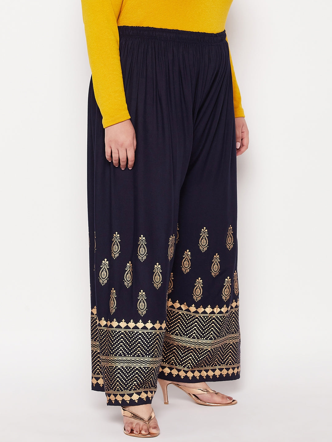 Navy Blue Gold Printed Rayon Palazzo with Wide Leg and Elasticated Waistband