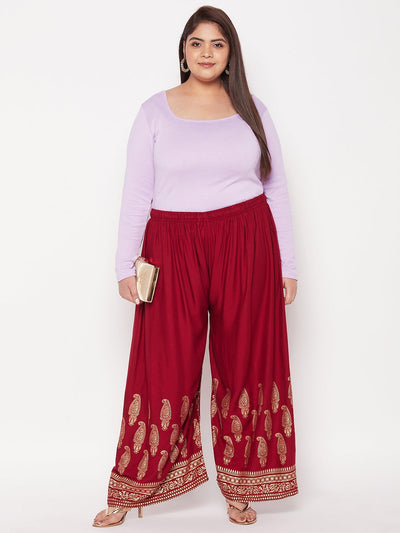 Maroon printed rayon palazzo with elasticated waistband and drawstring.