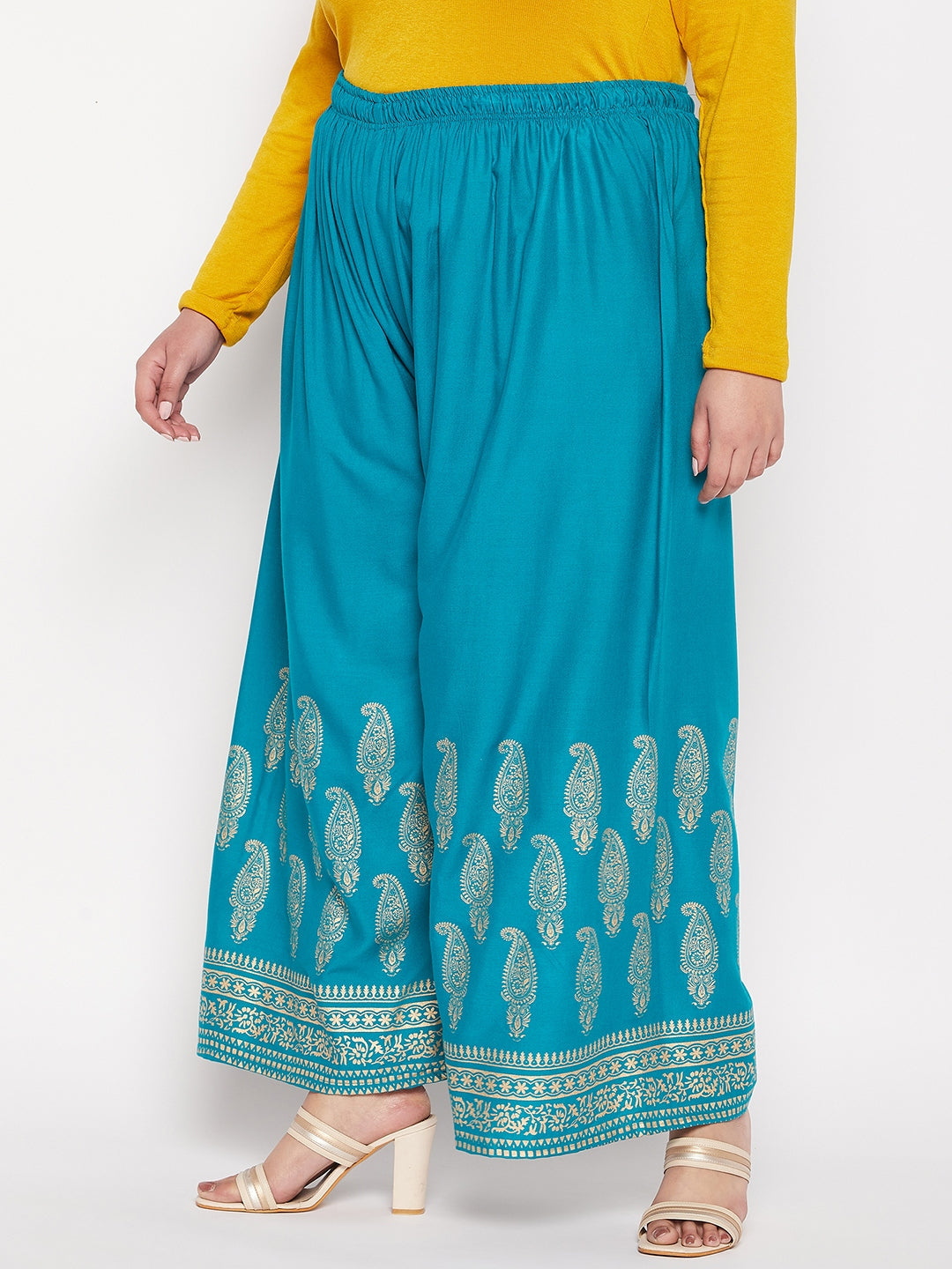 Rama Green Printed Rayon Palazzo with Wide Leg and Elasticated Waistband