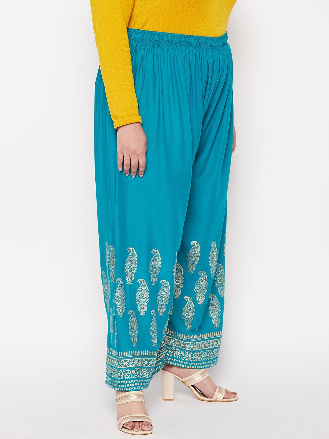 Rama Green Printed Rayon Palazzo with elasticated waistband and drawstring.