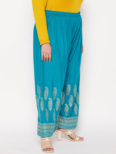 Rama Green Printed Rayon Palazzo with elasticated waistband and drawstring.