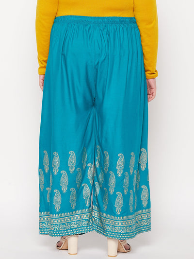 Rama Green Printed Rayon Palazzo with elasticated waistband and drawstring.