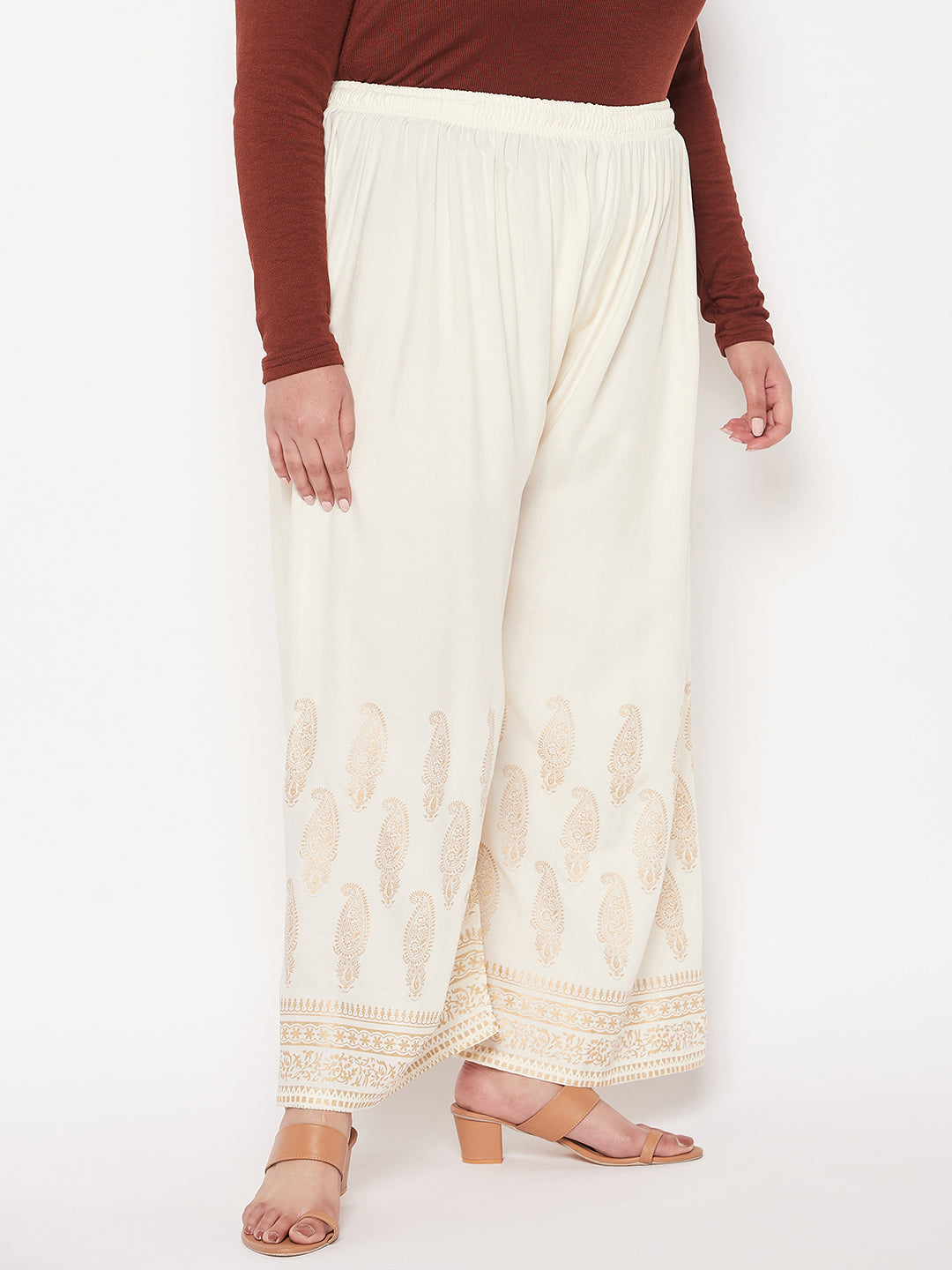 Cream Printed Rayon Palazzo