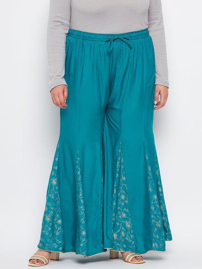 Rama Green Printed Rayon Flared Sharara with Elasticated Waistband and Drawstring