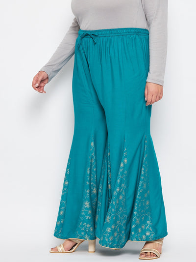 Rama Green Printed Rayon Flared Sharara with Elasticated Waistband