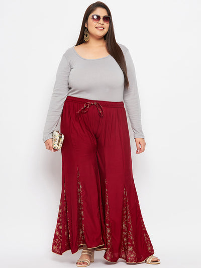 Maroon printed rayon flared sharara with elastic waistband.