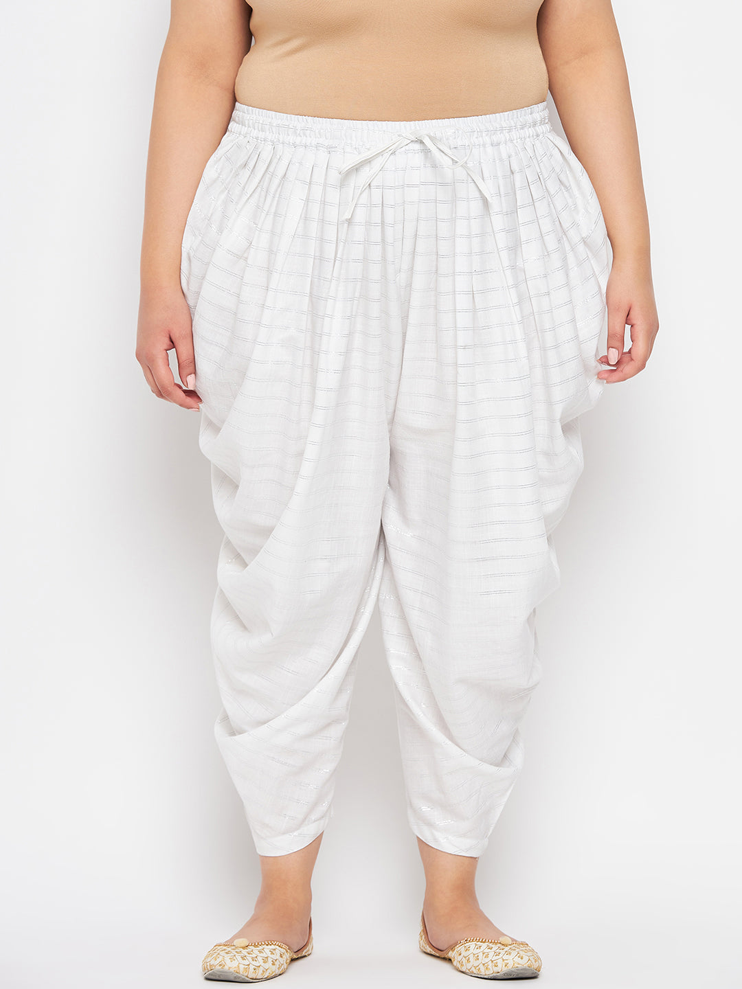 White Striped Rayon Dhoti Salwar with elasticated waistband and drawstring.